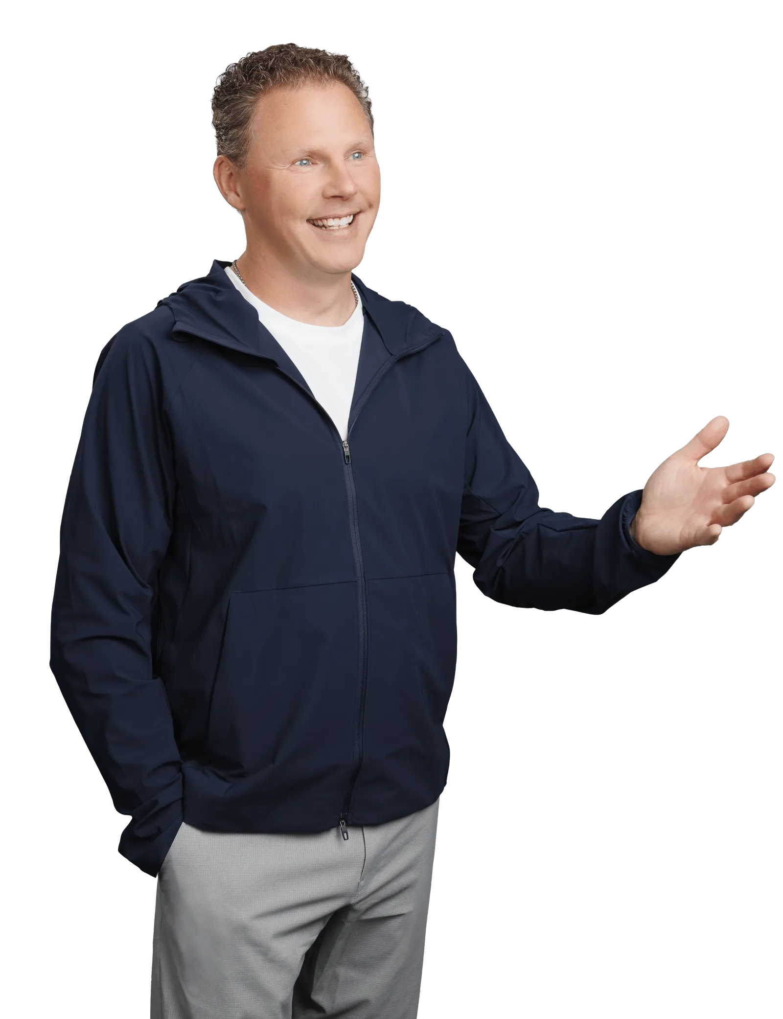 Chad Richardson standing with an open hand gesturing toward the invitation to get in touch.