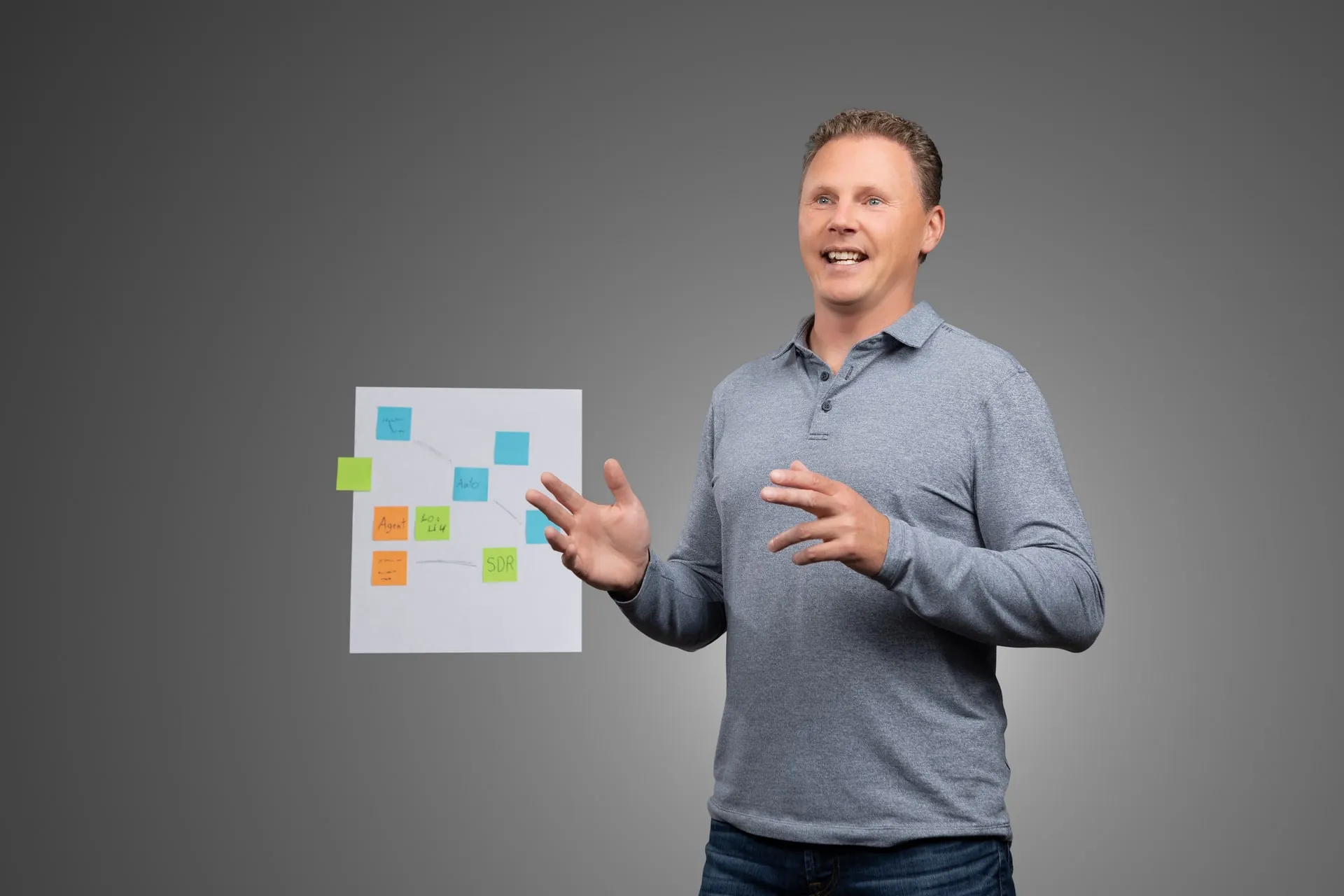 Chad Richardson talking through a flipchart covered in sticky notes and a hand-drawn flow.