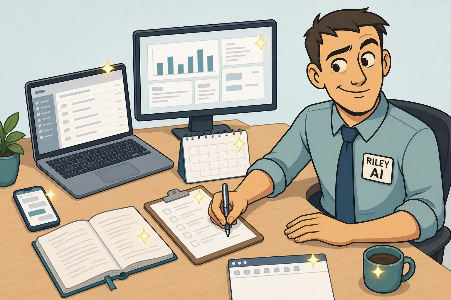 Riley at a desk with a clipboard, ticking off an inbox, a calendar, a phone chat app, a dashboard, a notebook, and a browser, each marked with a small gold AI sparkle.