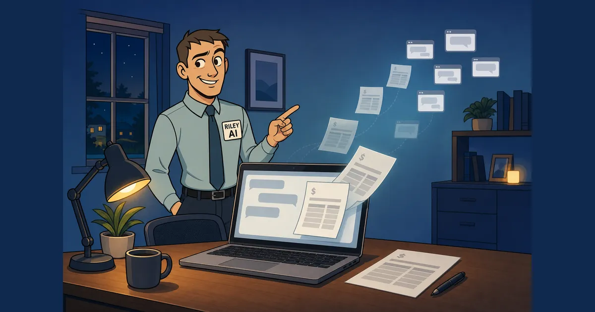 Riley in a home office at night, pointing at copies of a financial statement drifting out of a laptop chat window toward other people's chats.