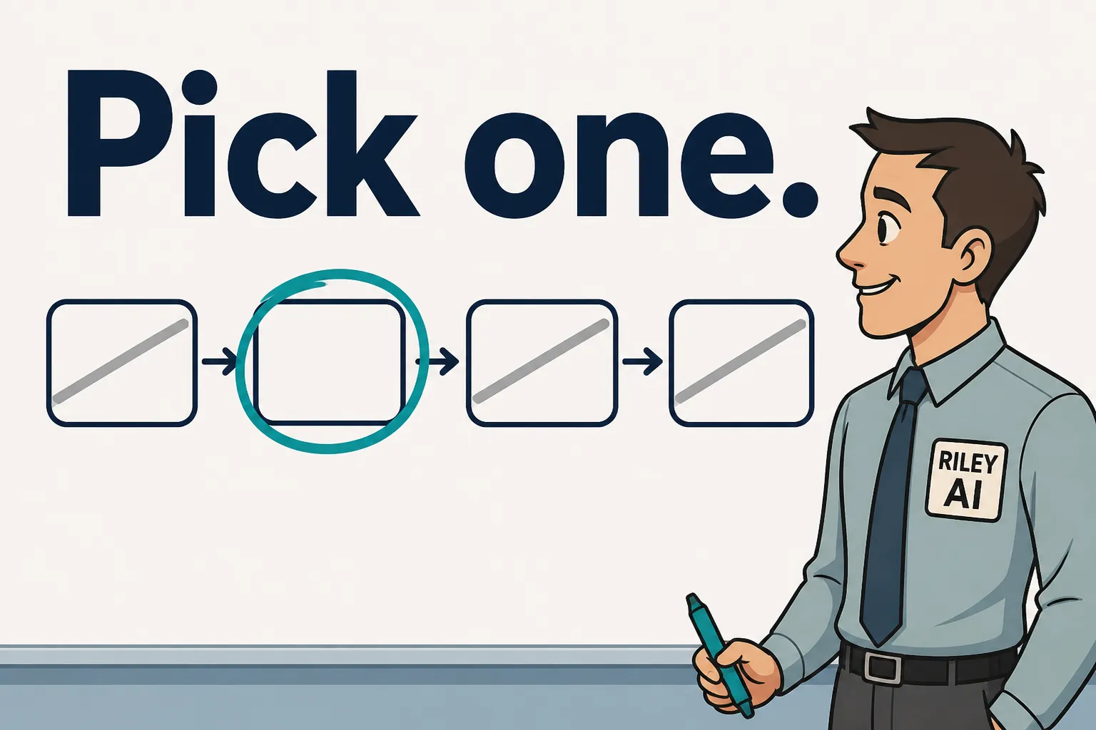 A row of 4 boxes on a whiteboard with 3 crossed out and the second one circled in teal, Riley standing beside it holding a marker, under the headline Pick one.