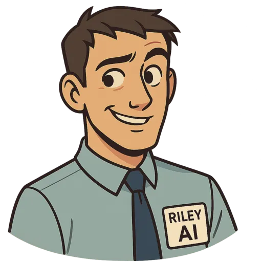 Riley, a cel-shaded illustrated character with short dark hair and a teal collared shirt, wearing a name tag that reads RILEY AI.