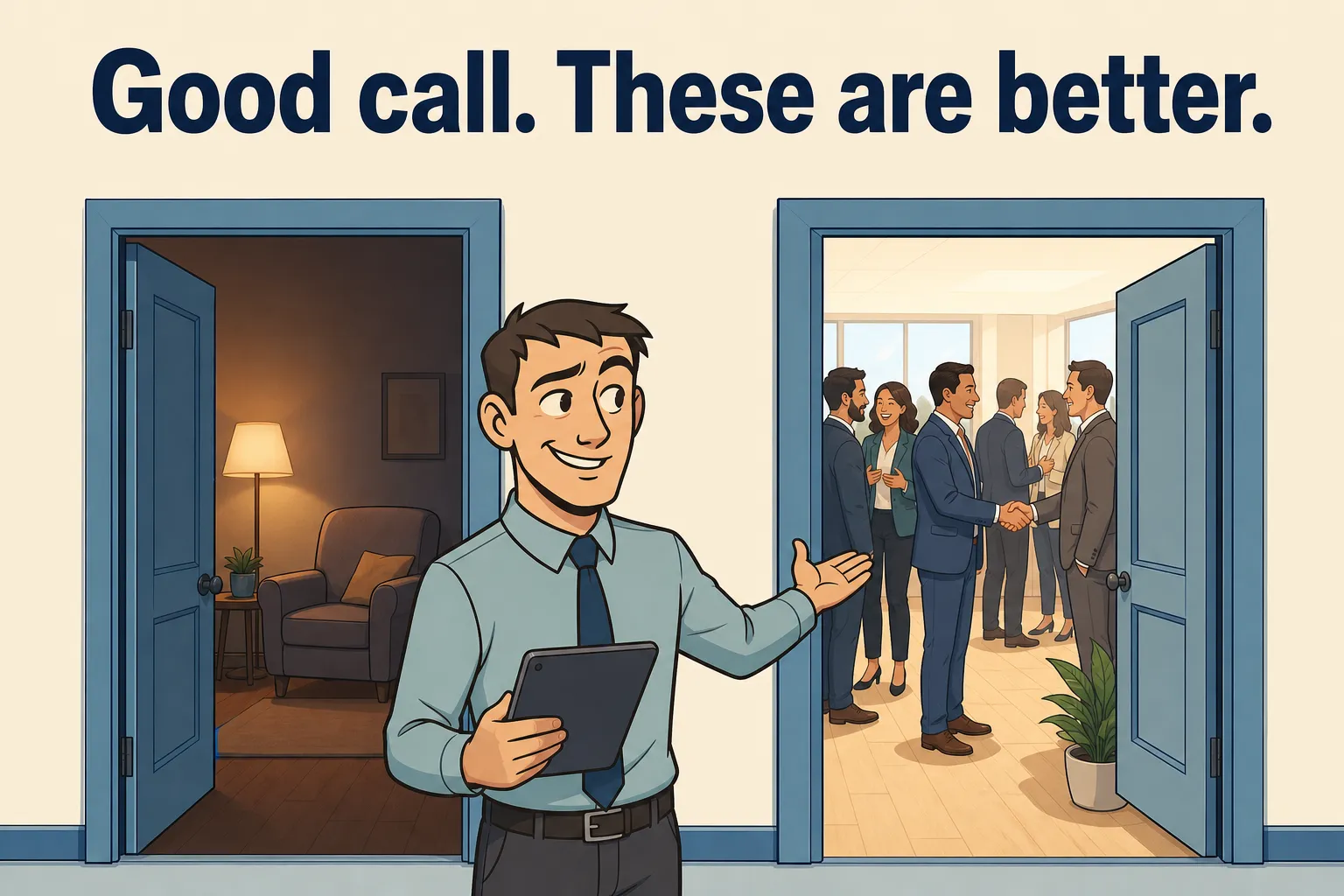 Riley standing between 2 doorways, one opening onto a quiet empty room with a lamp and an armchair, the other onto a bright room of business people talking, gesturing toward the busy room under the headline Good call. These are better.