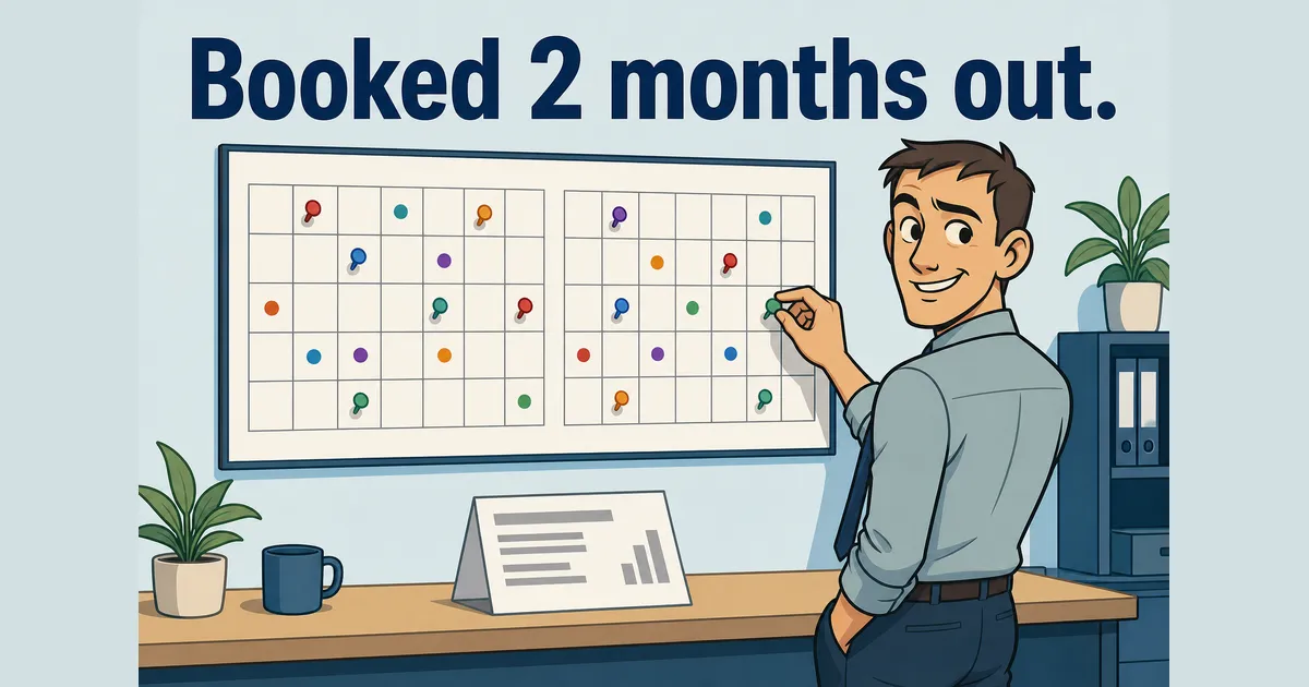 Riley pinning one more event onto a 2-month wall calendar already dotted with events, under the headline Booked 2 months out.